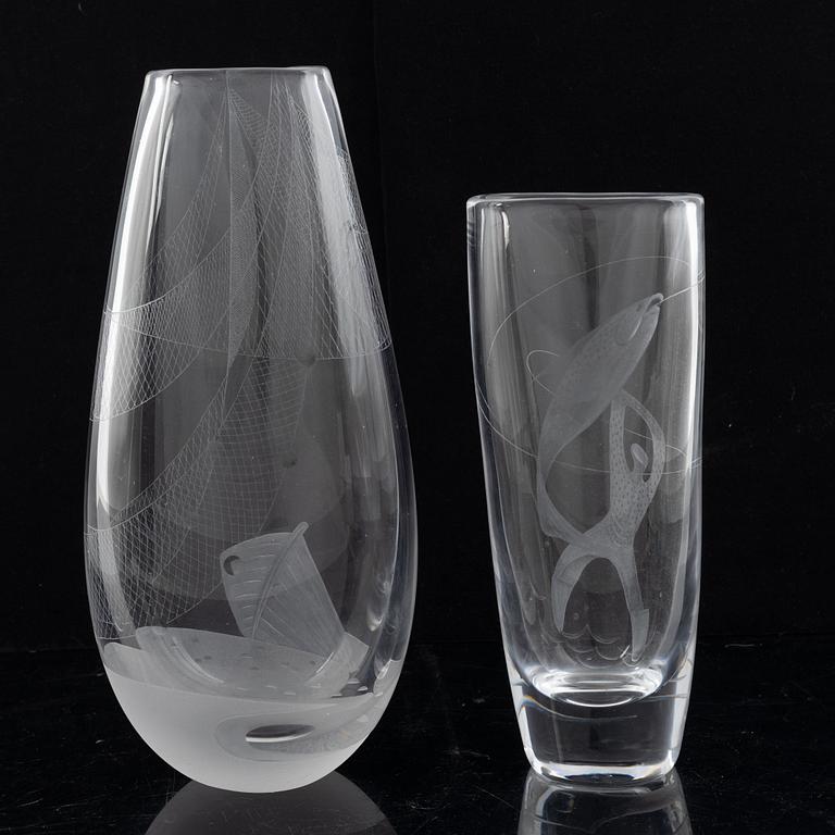 Vicke Lindstrand, two glass vases, Kosta, mid 20th Century.
