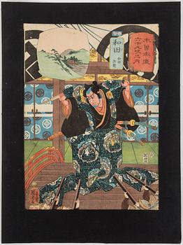 Eight UTAGAWA KUNIYOSHI (1797/98-1861) colour woodblock prints, from 'Sixty-nine stations of Kisokaido Road'.
