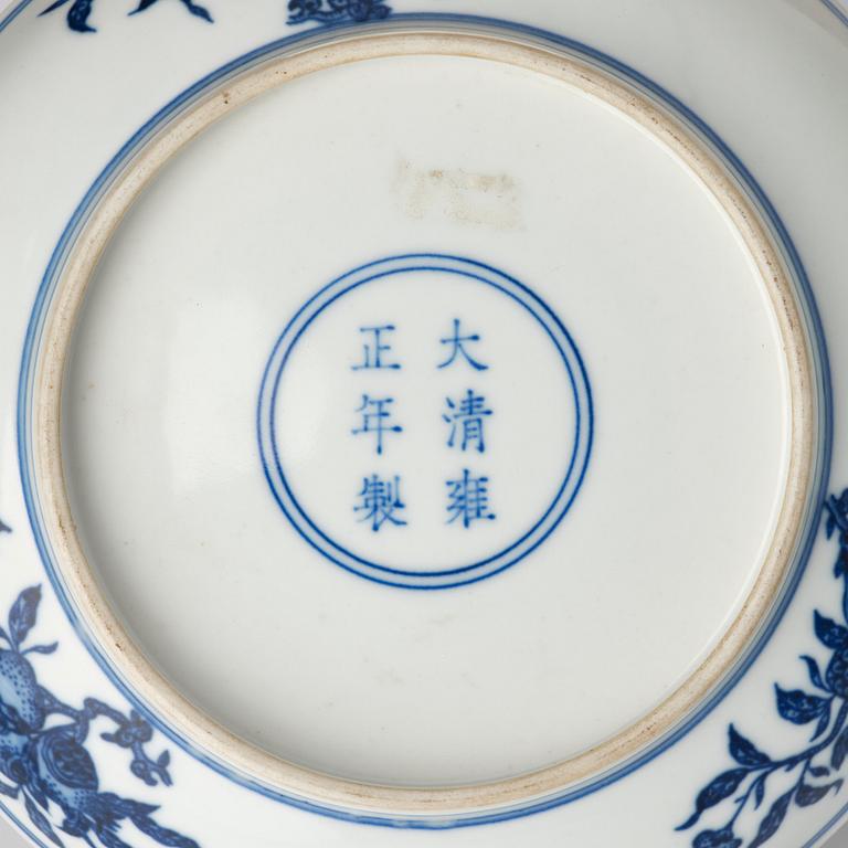 A pair of blue and white nine peaches dishes, China, presumably Republic, with Yongzheng mark.