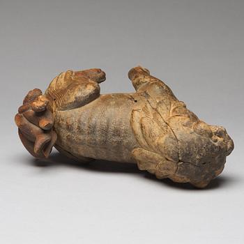 A wooden sculpture of a buddhist lion, Qing dynasty, 19th Century.