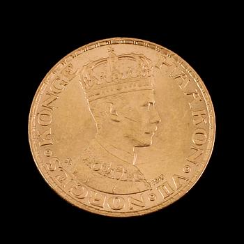 GULDMYNT, 10 kroner, Haakon VII, Norge, 1910.  Vikt ca 4 gram.
