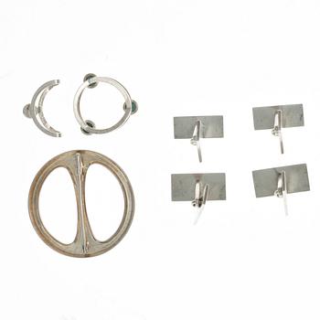 BROSCH, HÄNGEN 2 st, MANSCHETTKNAPPAR 2 par, silver, Elis Kauppi, Kupittaan Kulta, 1960-tal.