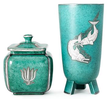 471. A Wilhelm Kåge 'Argenta' stoneware vase and a tobacco box, Gustavsberg.