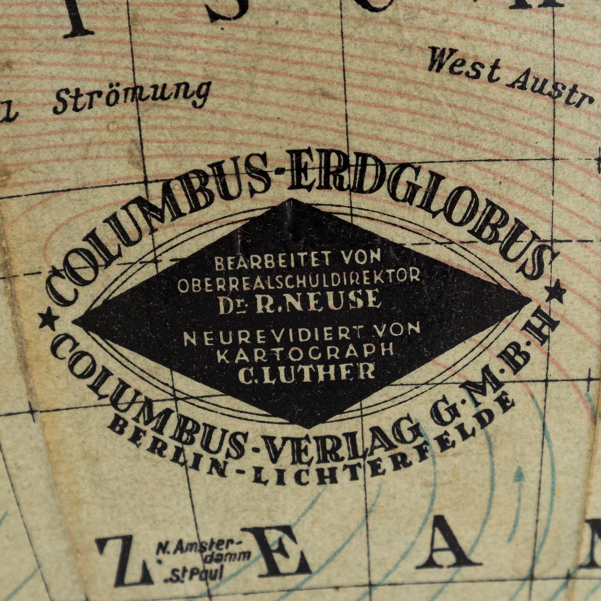 Maapallo, Columbus Erdglobus, Columbus Verlag, Berliini, 1900-luvun ensimmäinen puolisko.