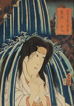 Kuniyoshi (1797/98-1861), samt Utagawa Kunisada I (Toyokuni III), färgträsnitt, 3 st, Japan, 1800-tal.