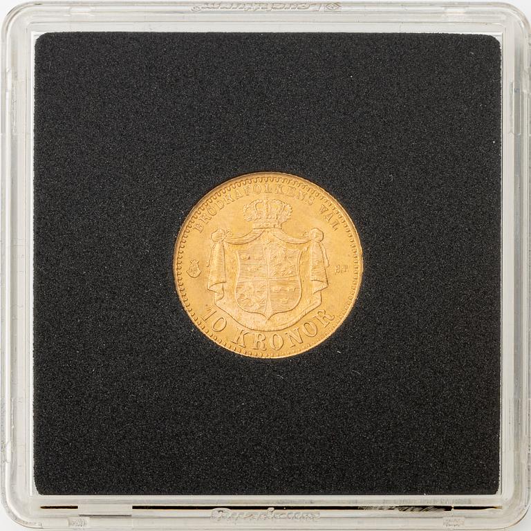 Gold coin, Oscar II, 10 kronor, type I, Sweden 1874.