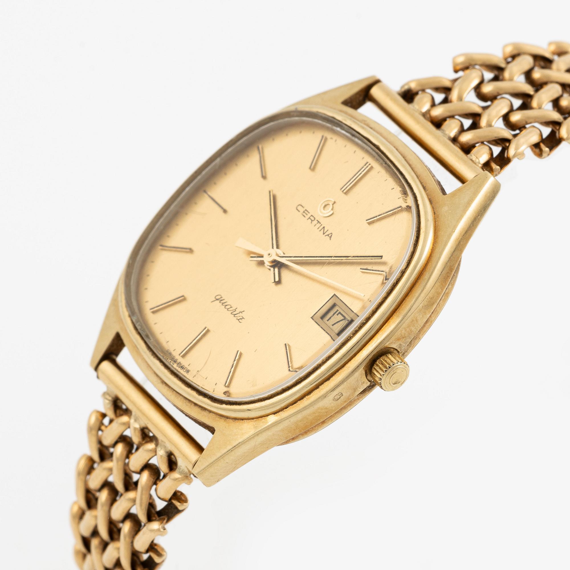 Certina, 14K gold, chain in 18K gold, 33.5 mm.