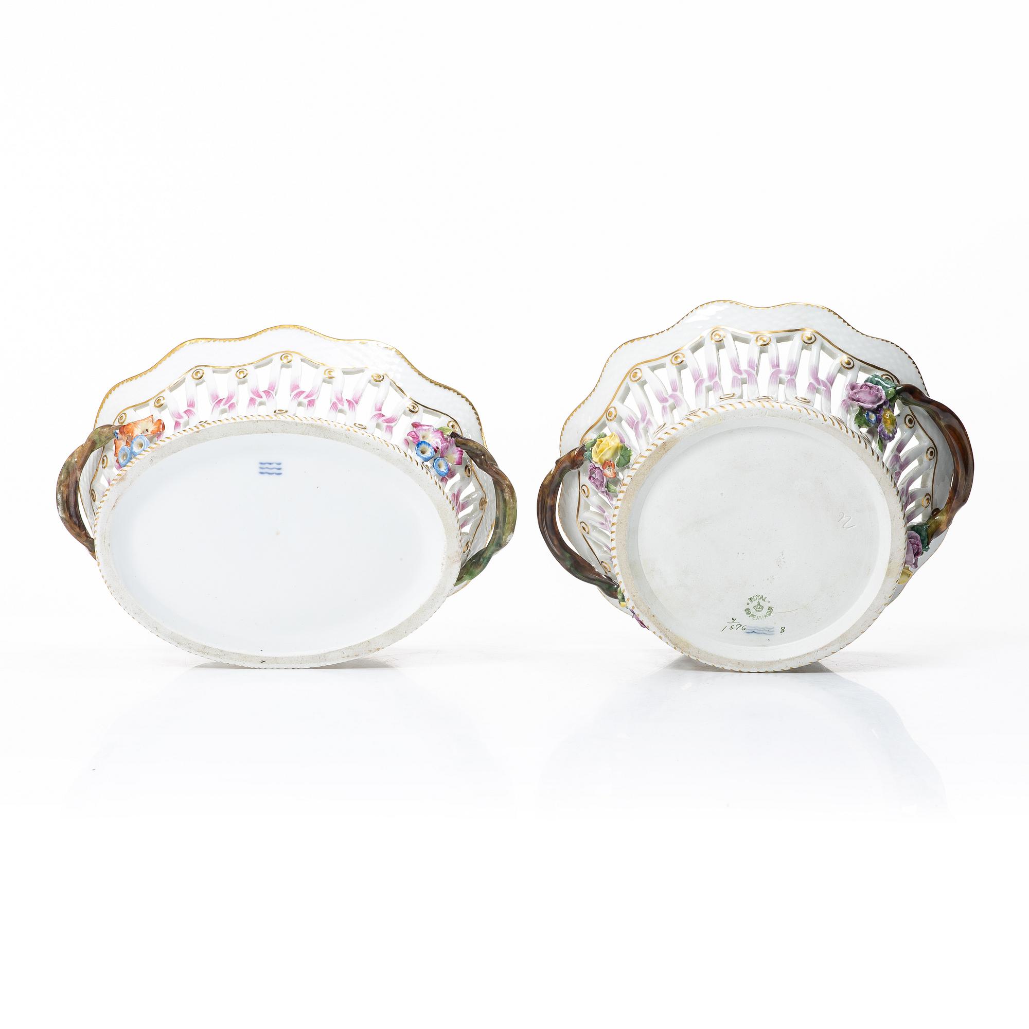 Royal Copenhagen, Two pierced bowls with dishes, 2 pcs, porcelain, Saxon flower, Denmark, 20th century.