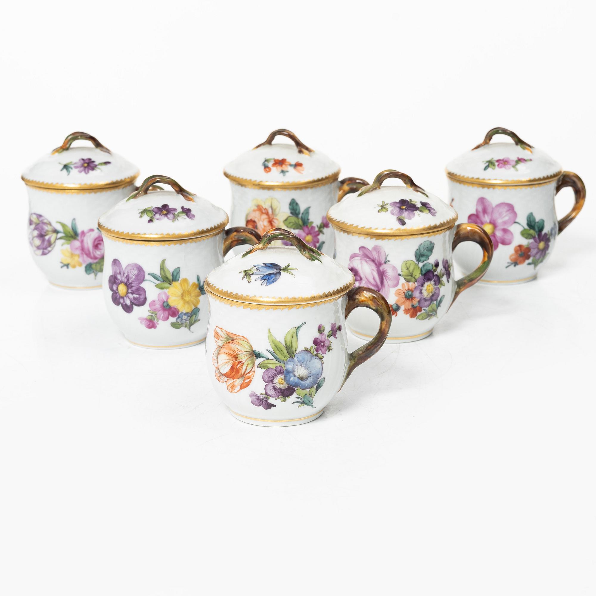 Royal Copenhagen, six cream cups, "Sachsisk Blomst", Denmark, 1889 - 1922.