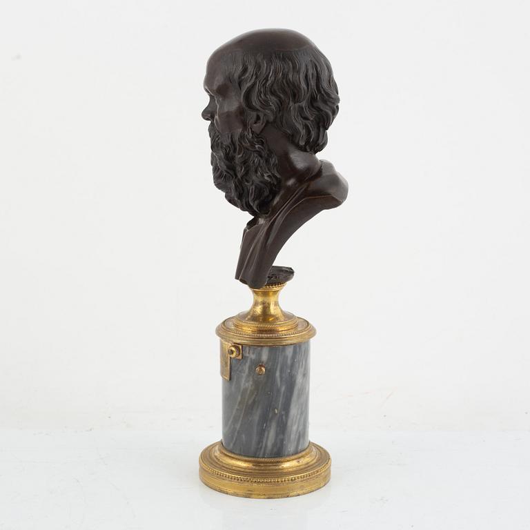 A Louis XVI ormolu and patinated library bust attributed to André-Antoine Ravrio (bronzier active in Paris 1777 - 1814).