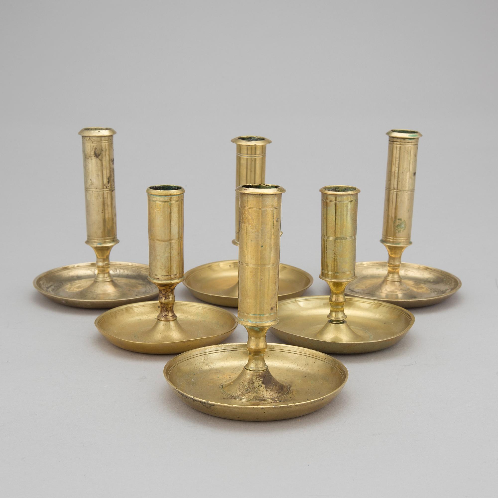 LJUSSTAKAR, 6 st, mässing, 1800-tal.