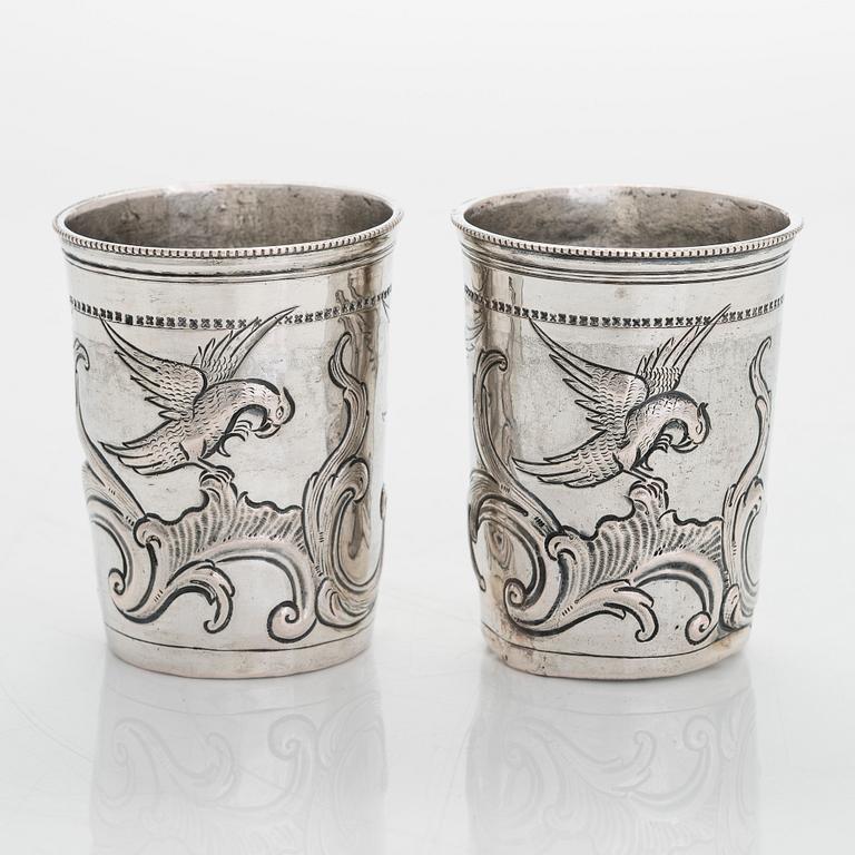 A pair of late 18th-century silver beakers, unknown maker's mark, alderman Alexei Kosirev, Moscow 1791.