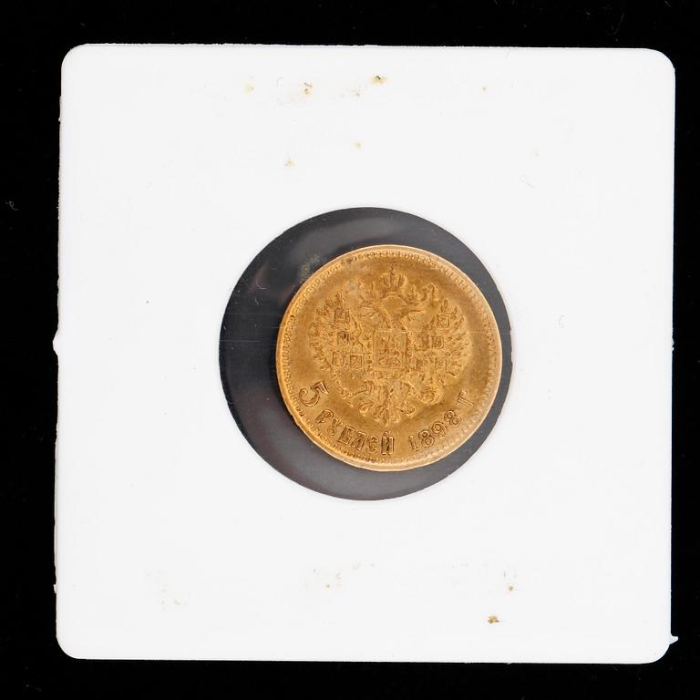 MYNT, guld, 5 rubel, Nikolaj II, Ryssland, 1898. Vikt ca 4,3g.