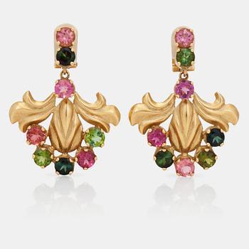 1273. A pair of green and pink tourmaline earrings.