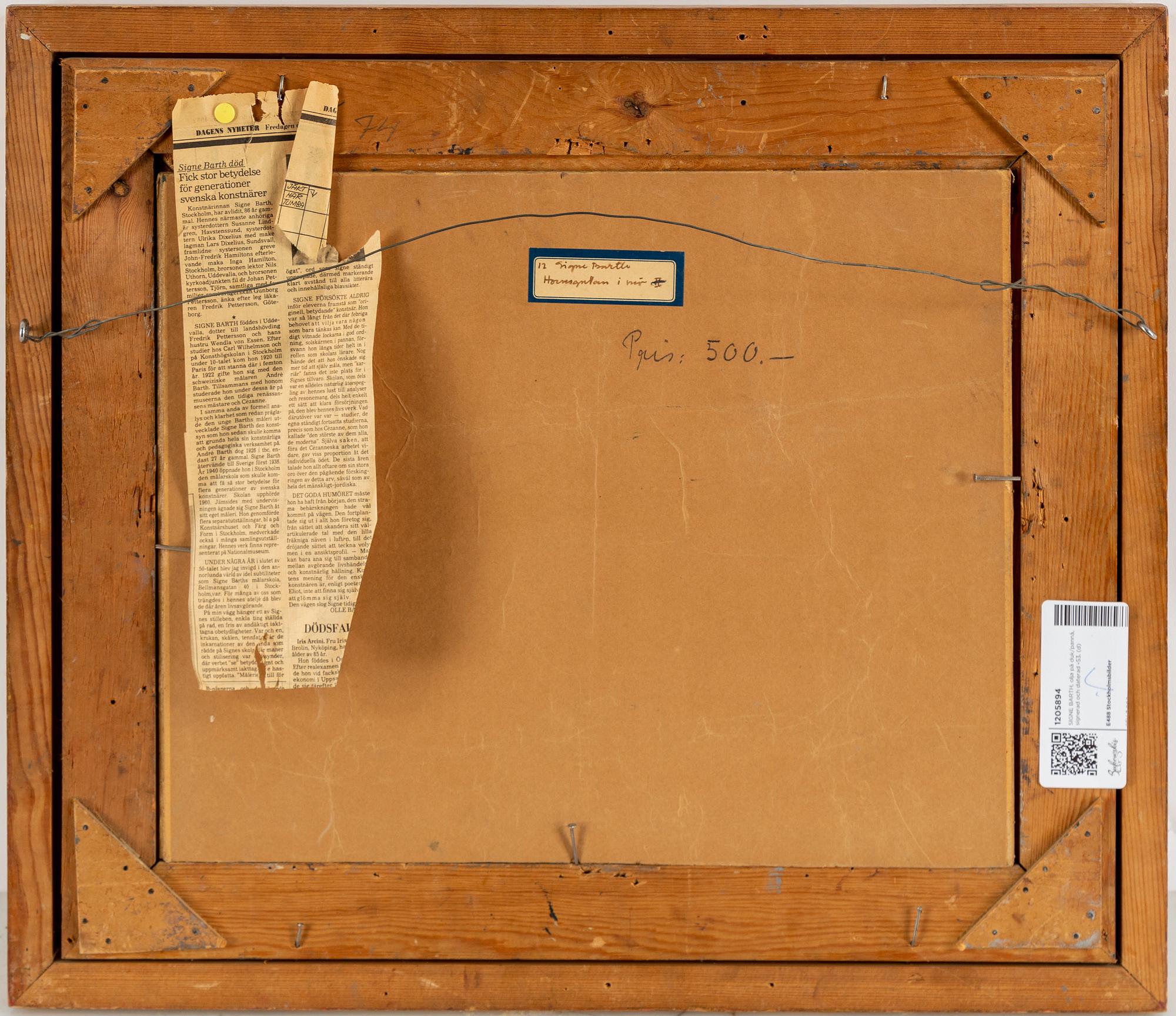 SIGNE BARTH, oil on canvas/panel, signed and dated -53.