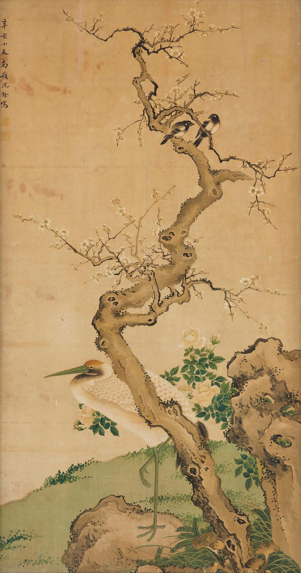 Shen Quan, after, 'Crane, magpies and a blossoming cherry tree'.