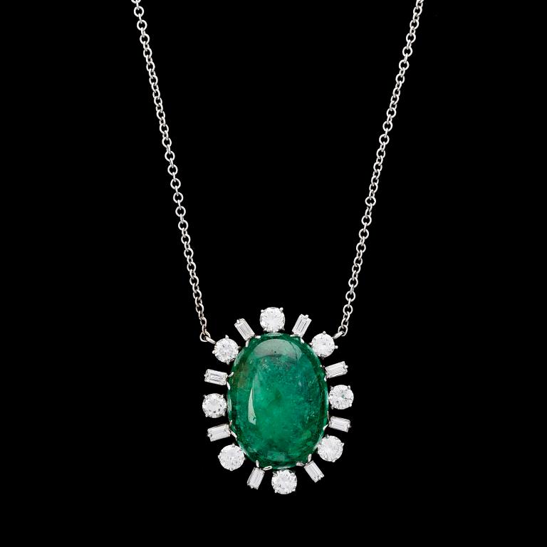 PENDANT, large cabochon cut emerald with baguette- and brilliant cut diamonds, tot. app. 3.20 cts.