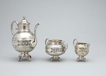 KAFFESERVIS, 3 delar silver, nyrenässans, Carl August Nilsson Malmö 1888, totalvikt ca 770 gr.