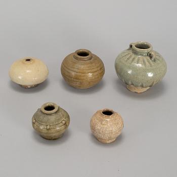 A group of five Southeast ceramic jars, 19th century.