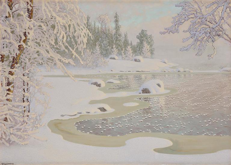 Gustaf Fjaestad, Rime frost over frozen lake in sunlit landscape.