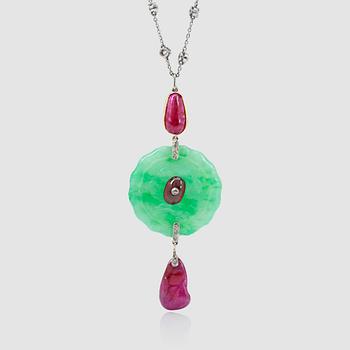 1302. A untreated jadeite, untreated Burmese rubies and diamond necklace. Pendant signed Cartier New York.