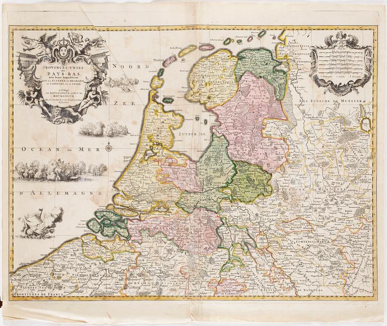 KARTOR, 2 st, handkolorerade etsningar, efter Justus Danckerts samt Alexis Hubert Jaillot, 17/1800-tal.