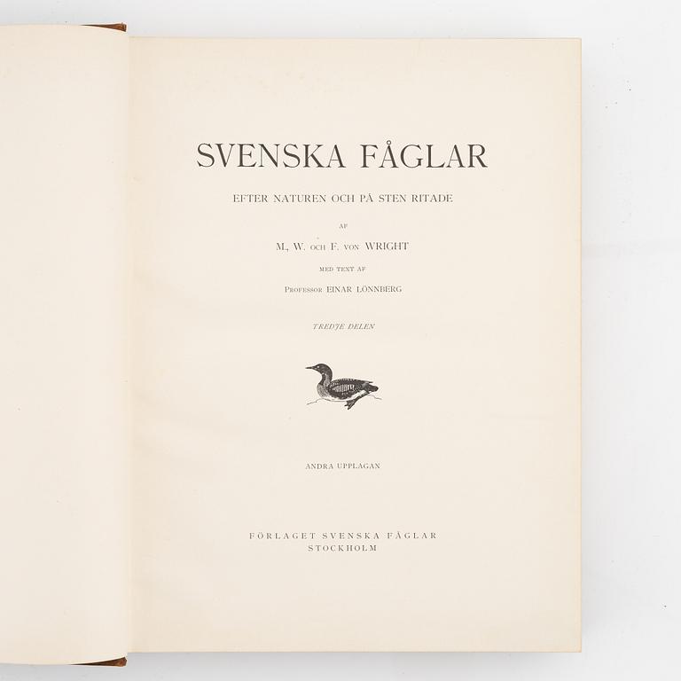 Bokband, 3 st, "Svenska Fåglar" av bröderna von Wright.
