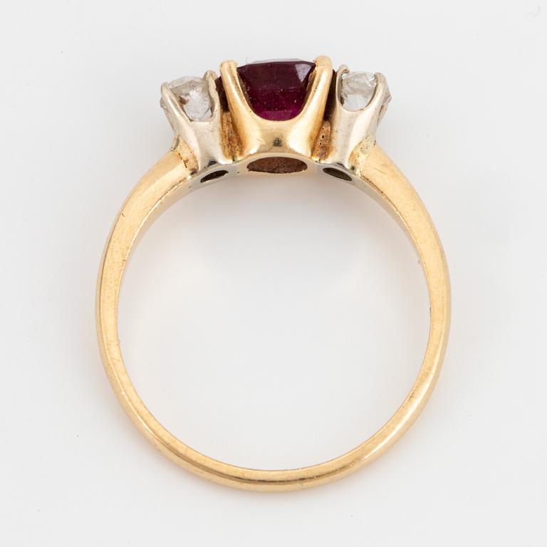 Ruby and old-cut diamond three stone ring.