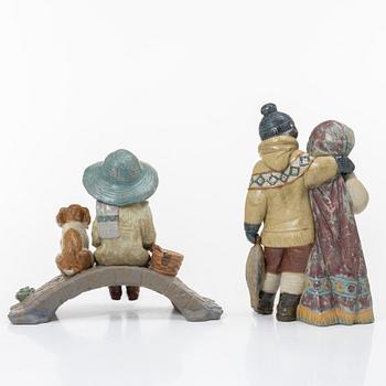 Lladró, five figurines, including "Arctic friends", "Arctic allies", "The old fishing hole", Spain.