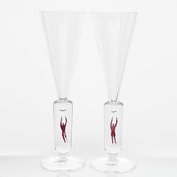 Bertil Vallien, six 'Millenium' champagne glasses, Kosta Boda.