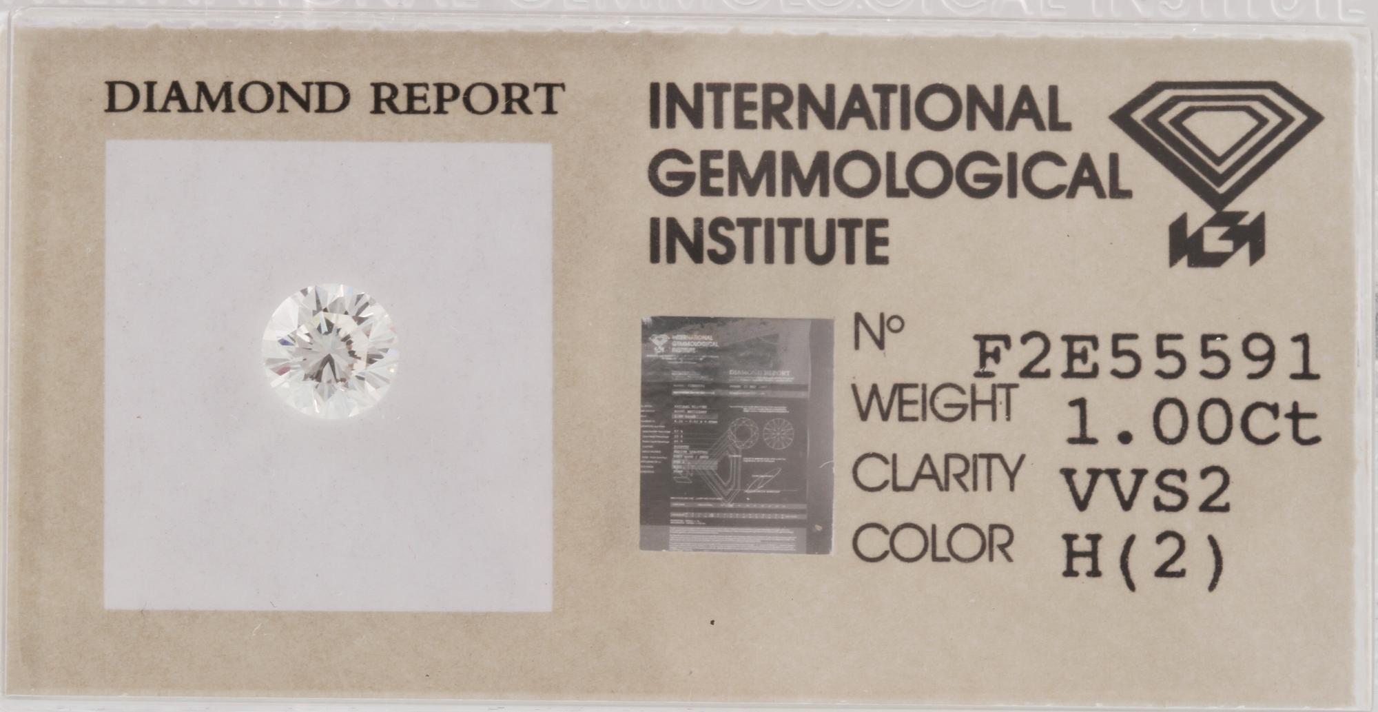 BRILJANTSLIPAD DIAMANT, 1.00 ct, oinfattad, certifikat daterat 1997.