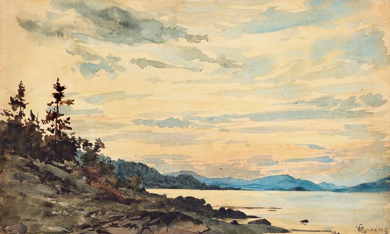 Hans Fredrik Gude, Fiord landscape at sunset.