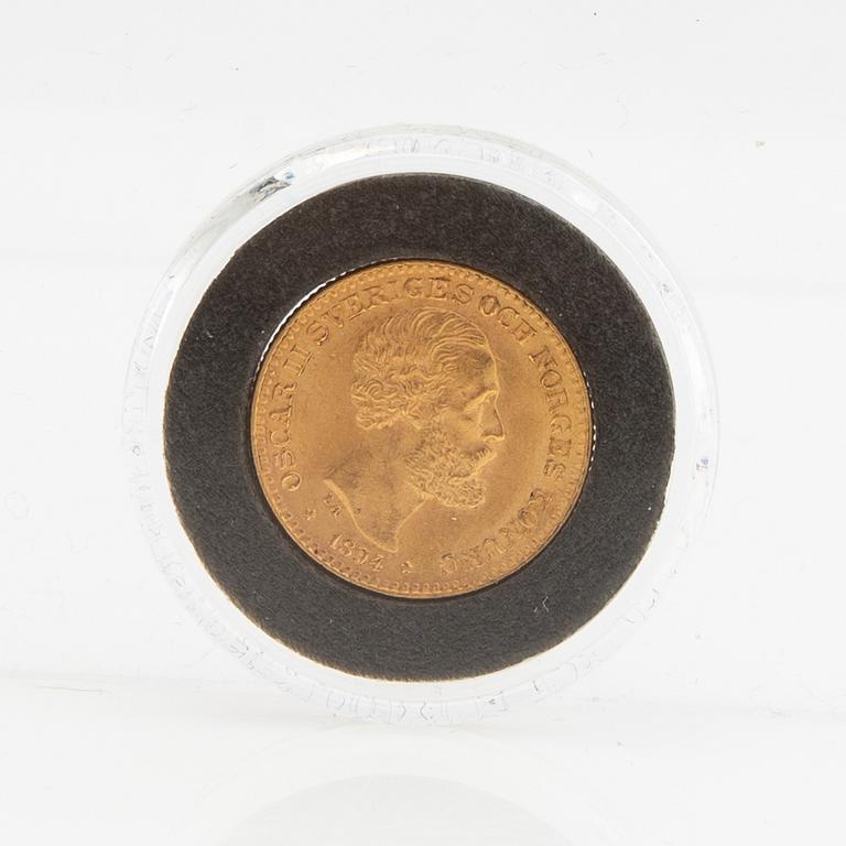 Guldmynt Sverige, Oscar II 10 kr, 1894, felpräglat.
