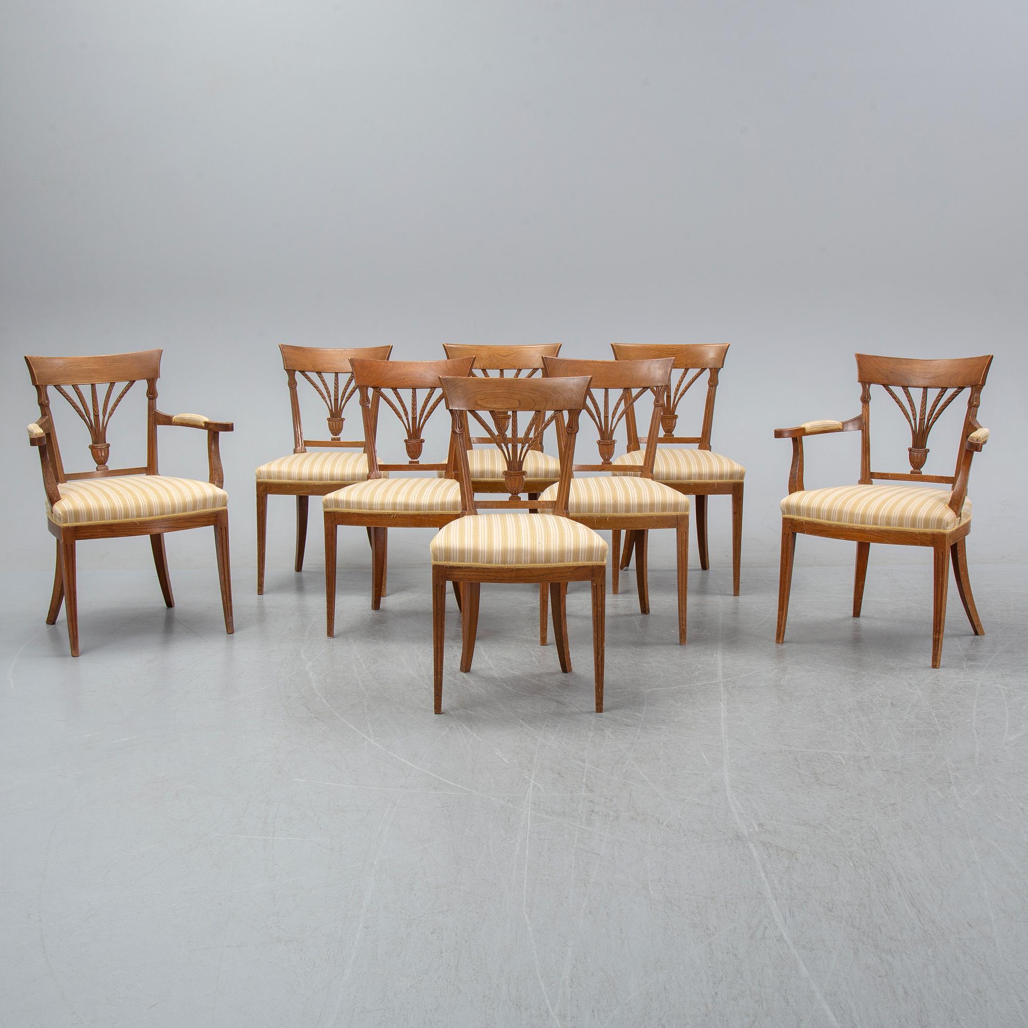 A set of four French Directoire chairs and four Directoire-style chairs, circa 1800 and circa 1900 respectively.