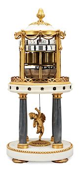 628. A Louis XVI late 18th century gilt bronze and marble mantel "cercles tournants" clock .