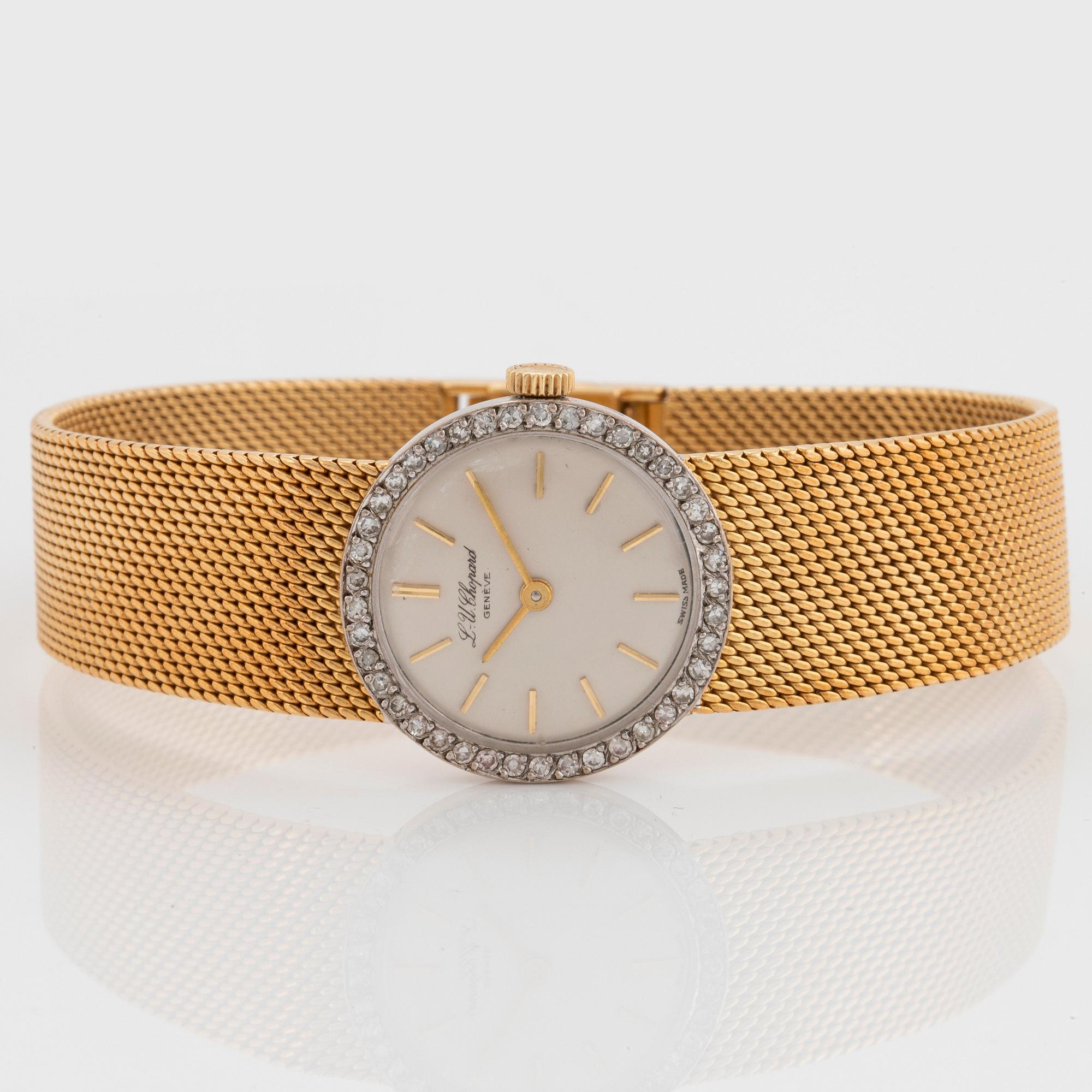 A Chopard wrist watch in 18K gold set with eight-cut diamonds.