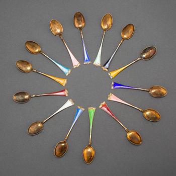 J TOSTRUP, 14 silver gilt and enamel coffee stoons from Oslo, Norway.