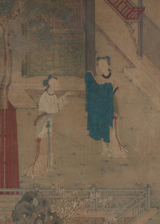 A painting of palace maidens in a garden, late Qing dynasty.