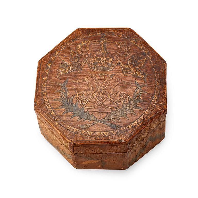 A Swedish 18th century straw-work box with cover, with the monogram of king Adolf Fredrik.