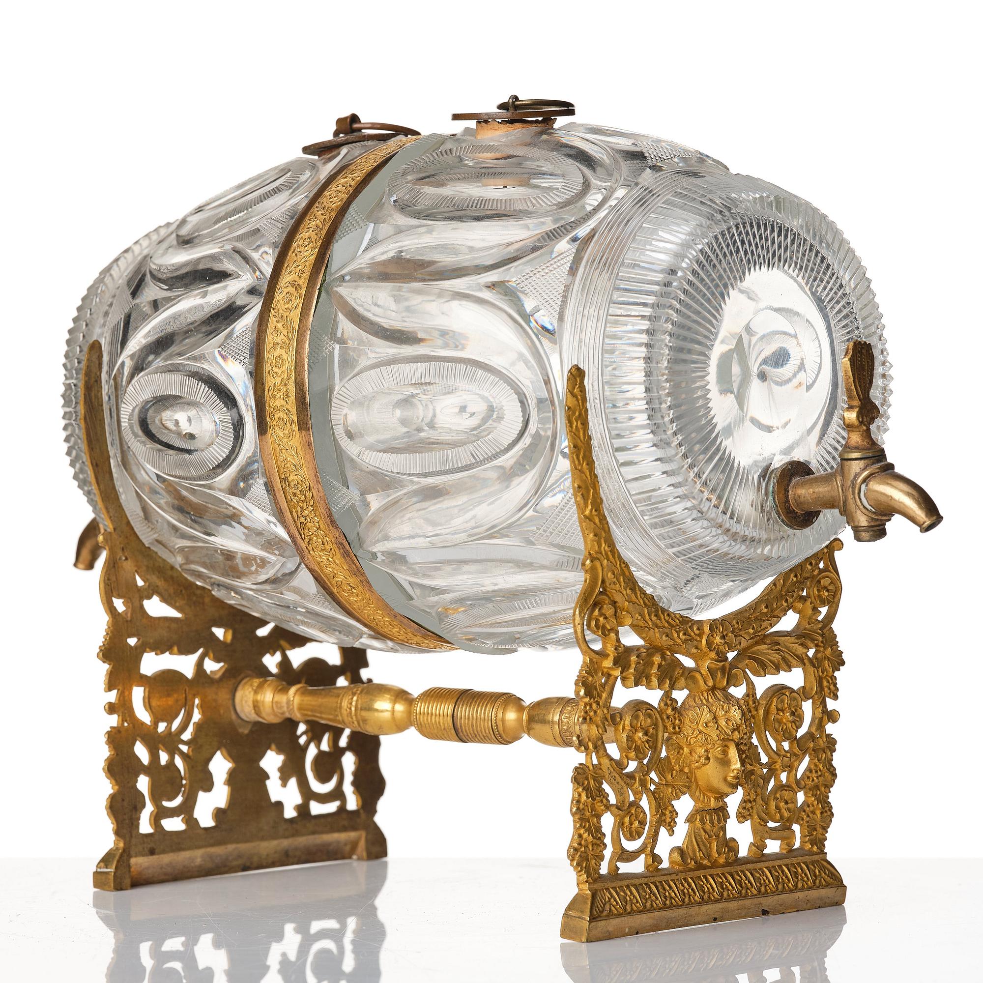 A Empire ormolu-mounted cut glass wine barrel.