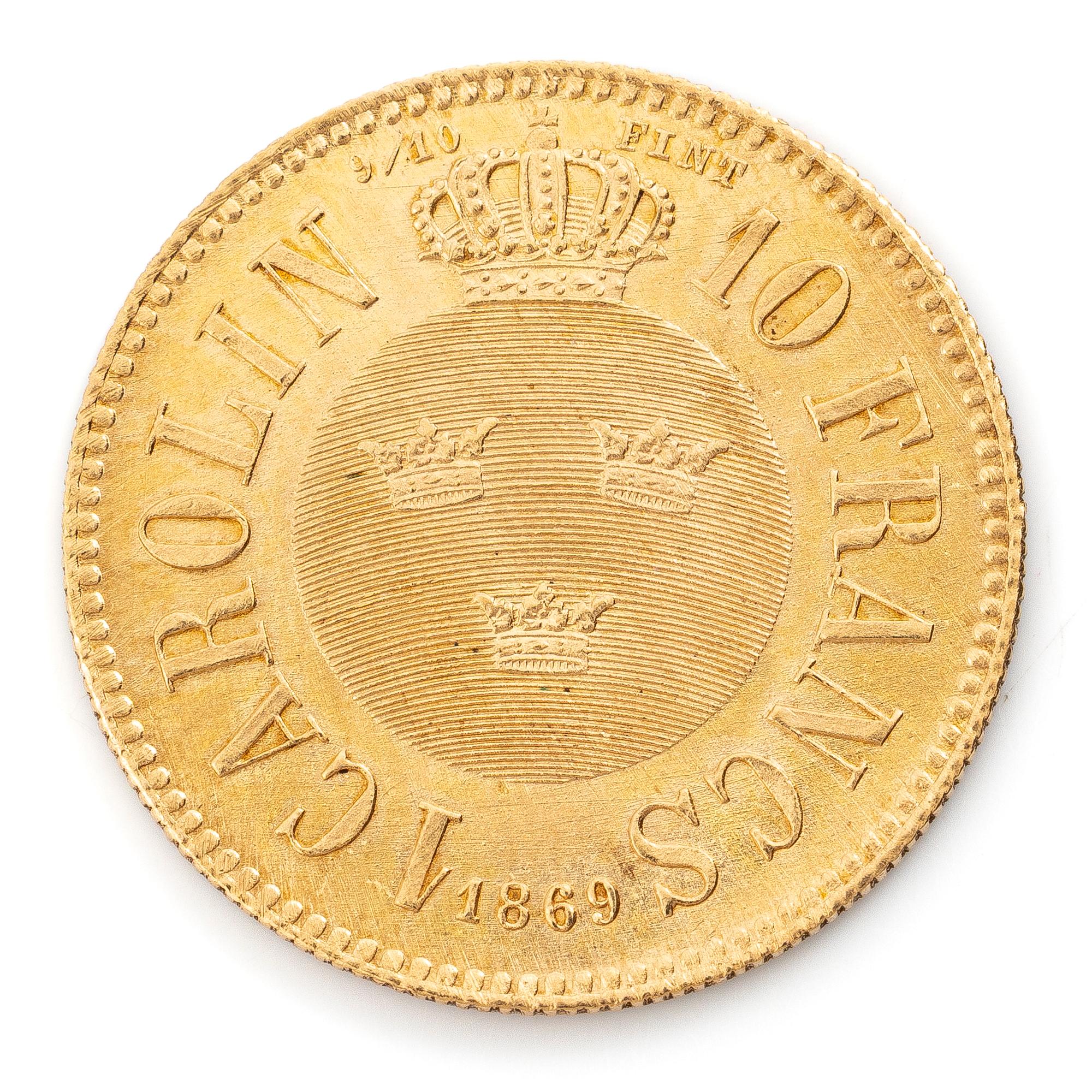 Guldmynt, Sverige, Karl XV, 1 Carolin, 1869.