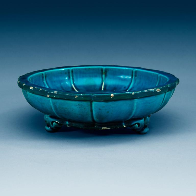 A turquoise glazed bulb bowl, presumably Kangxi (1662-1722) but reworked.