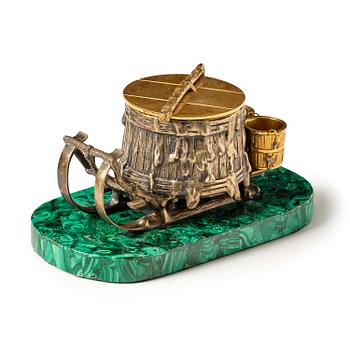 185. A Russian Alexander II malachite-veneered, silvered and gilt bronze inkwell, later part 19th century.