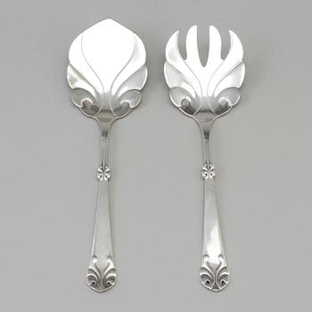 A Danish Art Nouveau silver serving spoon and fork, maker's mark Axel Oluf Olsen, Copenhagen 1914.