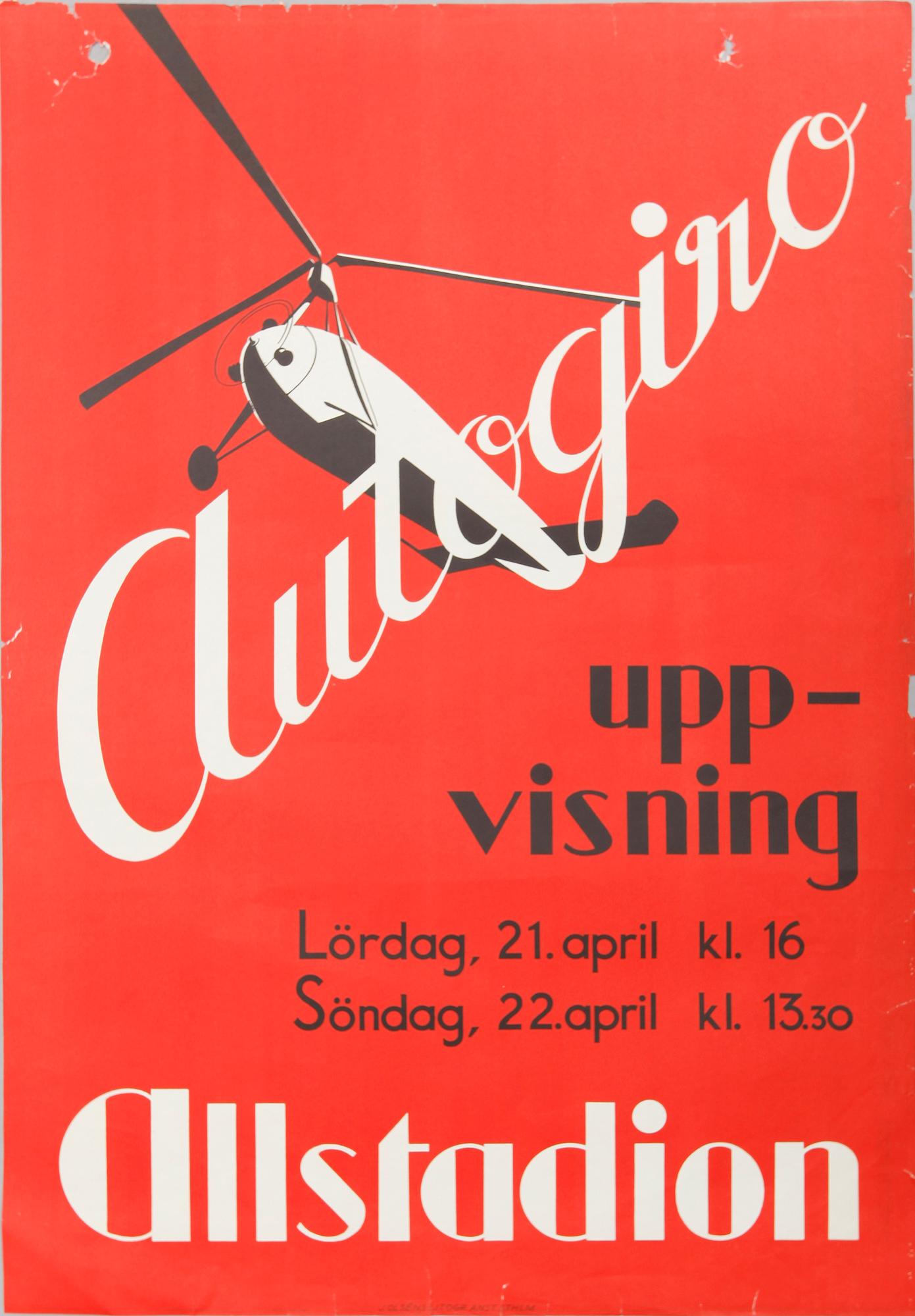 REKLAMAFFISCH, litografiskt tryck, "Autogiro", 1930-tal.