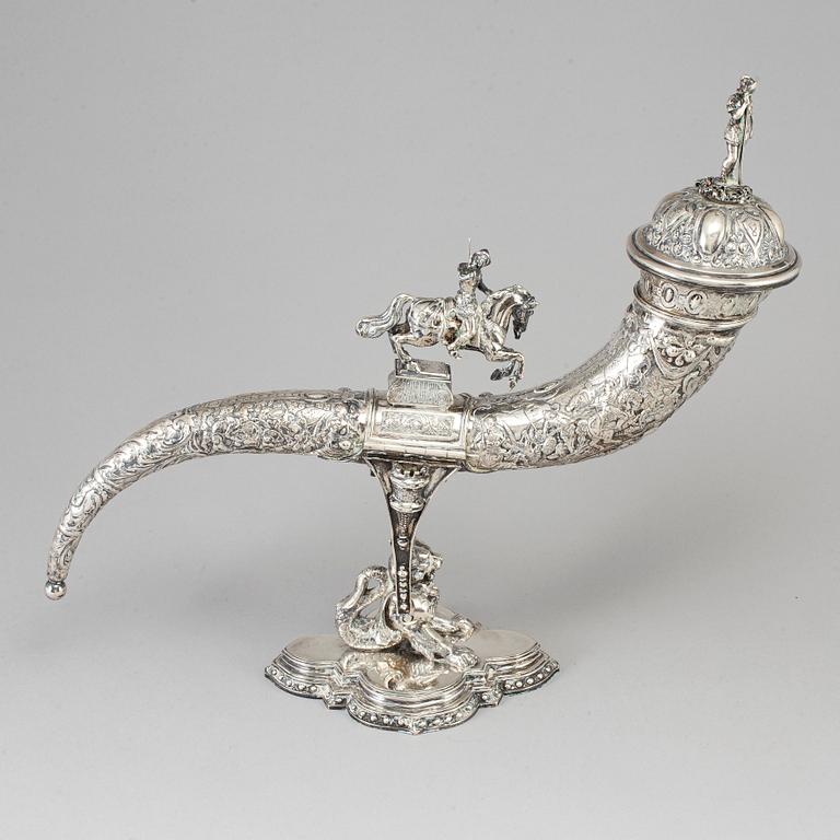 A German silver drinking horn, JD Schleissner & Söhne, Hanau around 1900.