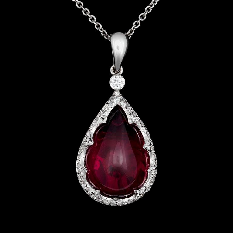 A cabochon-cut rubellite and diamond app. tot. 0.60 cts necklace.