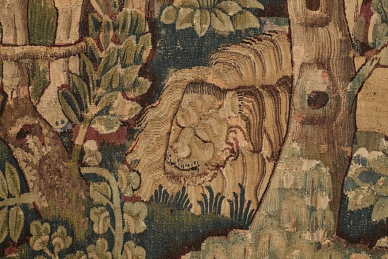 A TAPESTRY, "Lion hunting", tapestry weave, Flanders the middle of the 17th century, possibly Oudenarde, ca 262 x 249 cm.