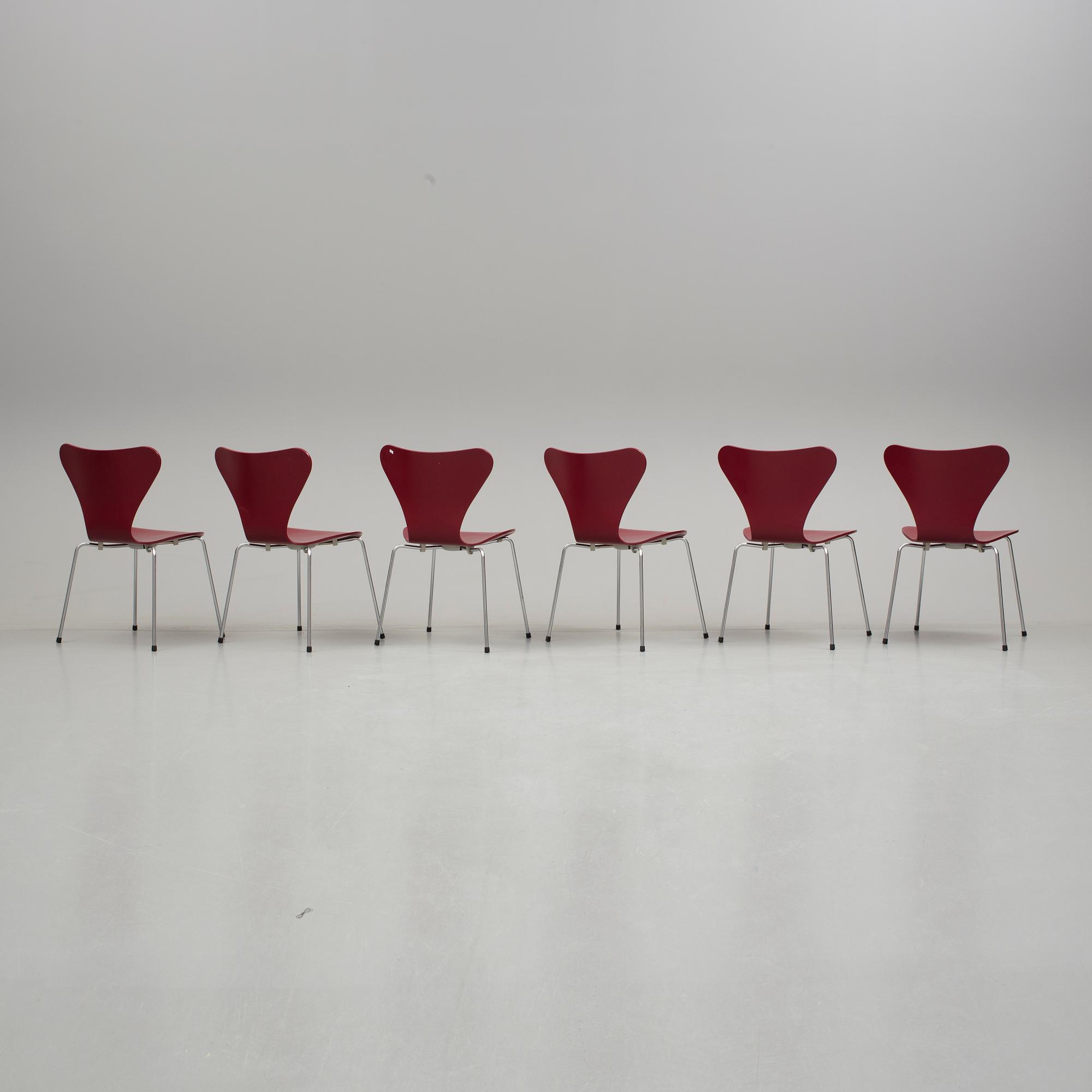 ARNE JACOBSEN, stolar, "Sjuan", 6 stycken, Fritz Hansen, 1900/2000-tal.
