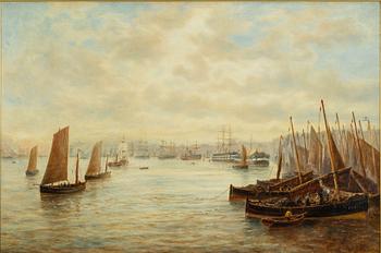 Bernard Benedict Hemy, Barges och linjeskepp i engelsk flodhamn.